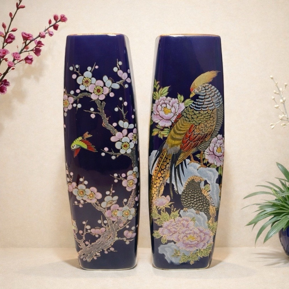 VTG Japanese Cobalt Blue Vase Pair ARDCO Sakura Cherry Blossom & Pheasant 9" EUC